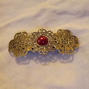 Elegant Gold Filigree Barrette with Maroon Accent